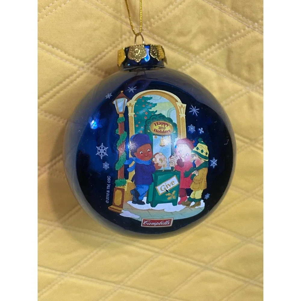 Campbells Soup 2010 Holiday Cobalt Blue Glass Ball Ornament Christmas Children